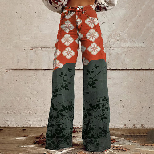 Japanese Art Flower Print Wide Leg Jeans