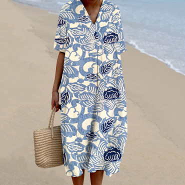 Japanese Art Flower Printed V-Neck Loose Midi Dress