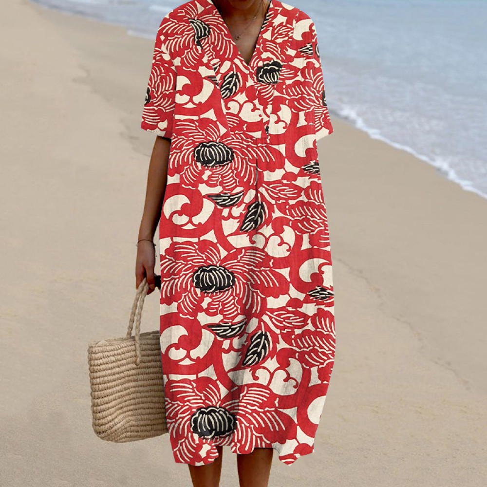Japanese Art Flower Printed V-Neck Loose Midi Dress