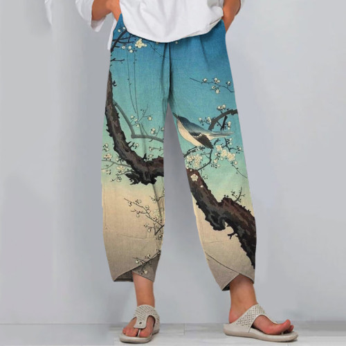 Japanese Art Flower&Bird Print Loose Casual Pants