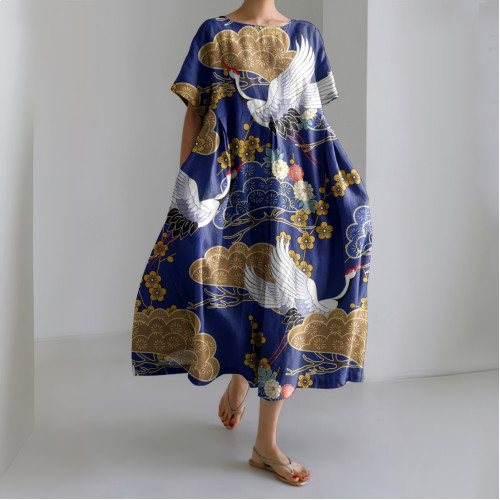 Japanese Art Flower & Crane Print Loose Midi Dress