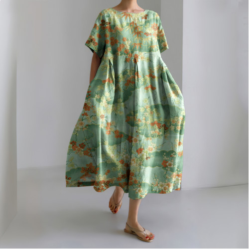 Japanese Art Flowers Linen Blend Casual Dress