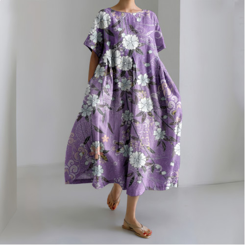 Japanese Art Flowers Linen Blend Casual Dress