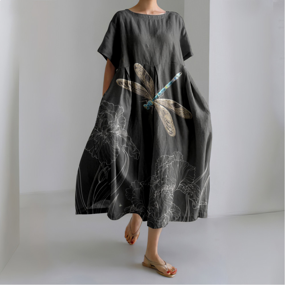 Japanese Art Flowers & Dragonfly Linen Blend Casual Dress