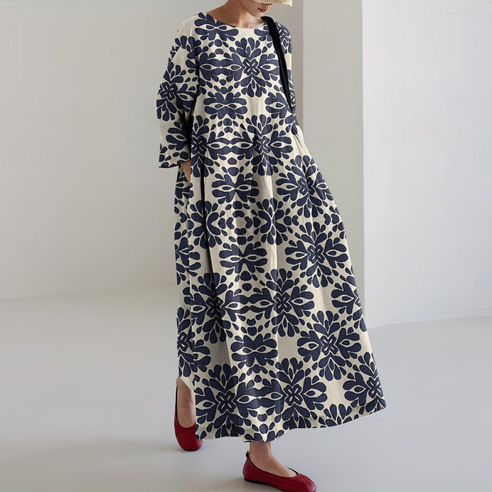 Japanese Art Geometric Print Round Neck Loose Midi Dress