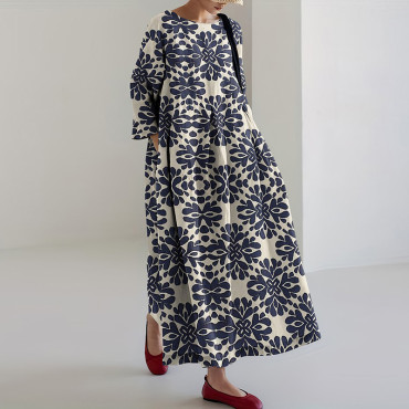 Japanese Art Geometric Print Round Neck Loose Midi Dress