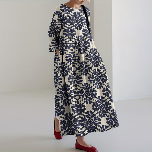 Japanese Art Geometric Print Round Neck Loose Midi Dress
