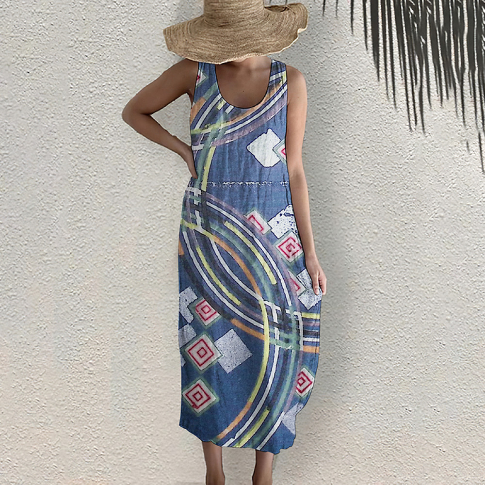 Japanese Art Geometric Print Sleeveless Casual Midi Dress