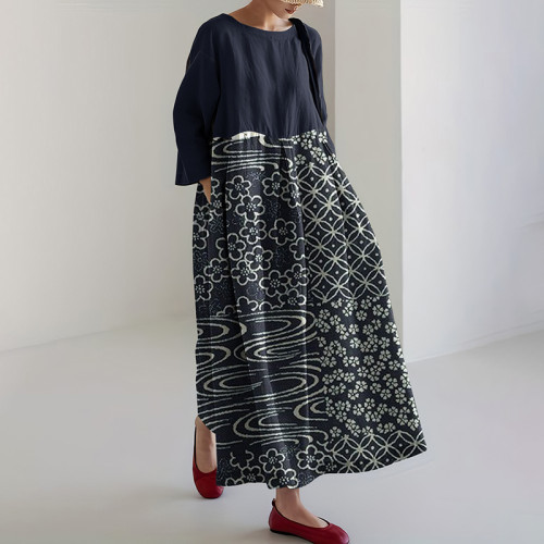 Japanese Art Geometry Blossom Linen Blend Maxi Dress