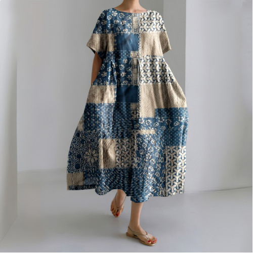 Japanese Art Geometry Patch Linen Blend Maxi Dress