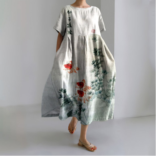 Japanese Art Goldfish Ink And Wash Linen Blend Maxi Dress