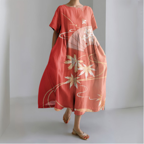 Japanese Art Gradient Print Short Sleeve Midi Dress
