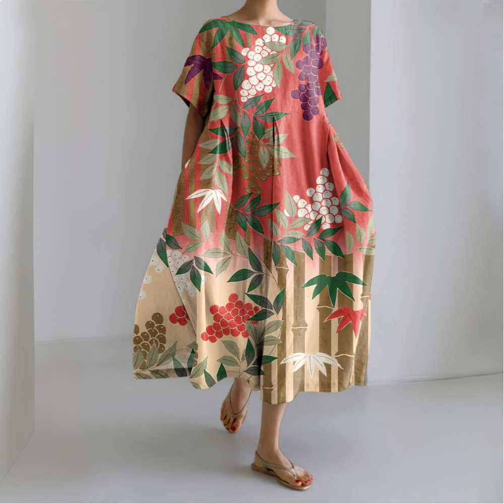 Japanese Art Grape Print Short Sleeve Loose Midi Dress