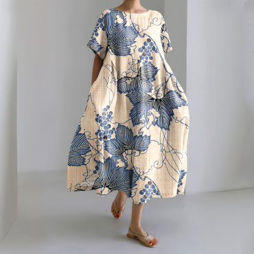 Japanese Art Grapevine Print Short Sleeve Midi Dress