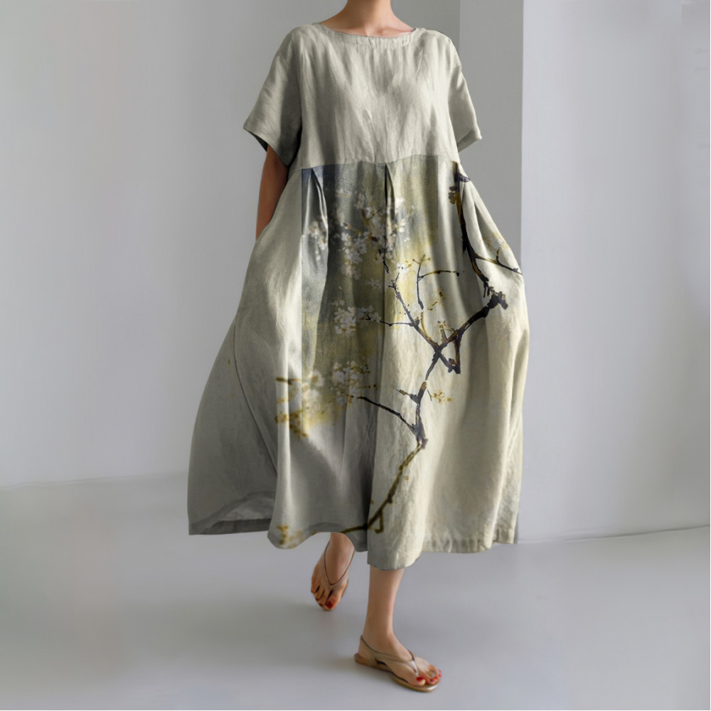 Japanese Art Ink And Wash Linen Blend Maxi Dress