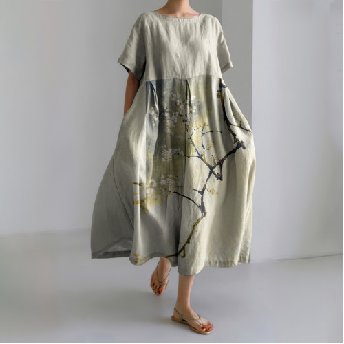 Japanese Art Ink And Wash Linen Blend Maxi Dress