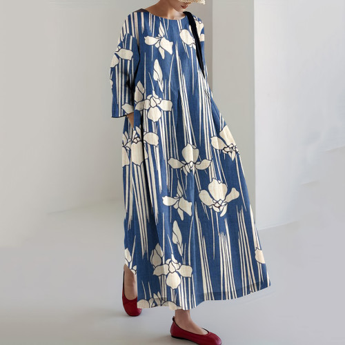 Japanese Art Iris Print Loose Midi Dress