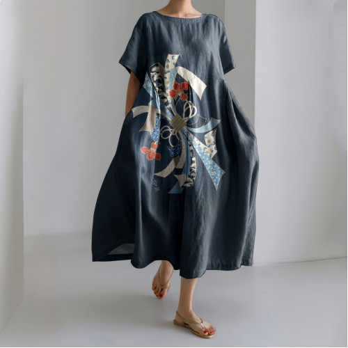 Japanese Art Linen Blend Maxi Dress