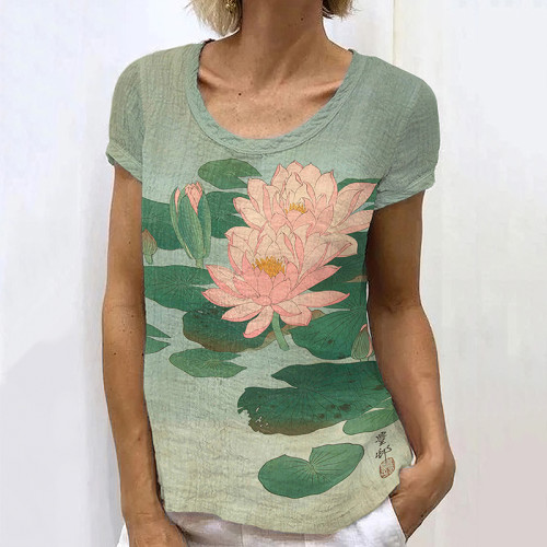Japanese Art Lotus Print Linen Blend Casual T-Shirt