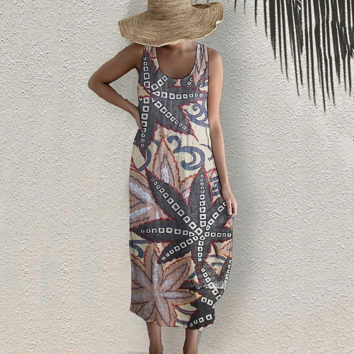Japanese Art Maple Leaf Print Sleeveless Midi Dress