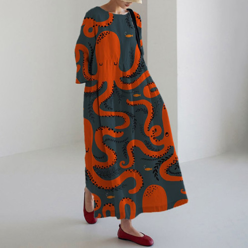 Japanese Art Octopus Print Round Neck Long Sleeve Midi Dress