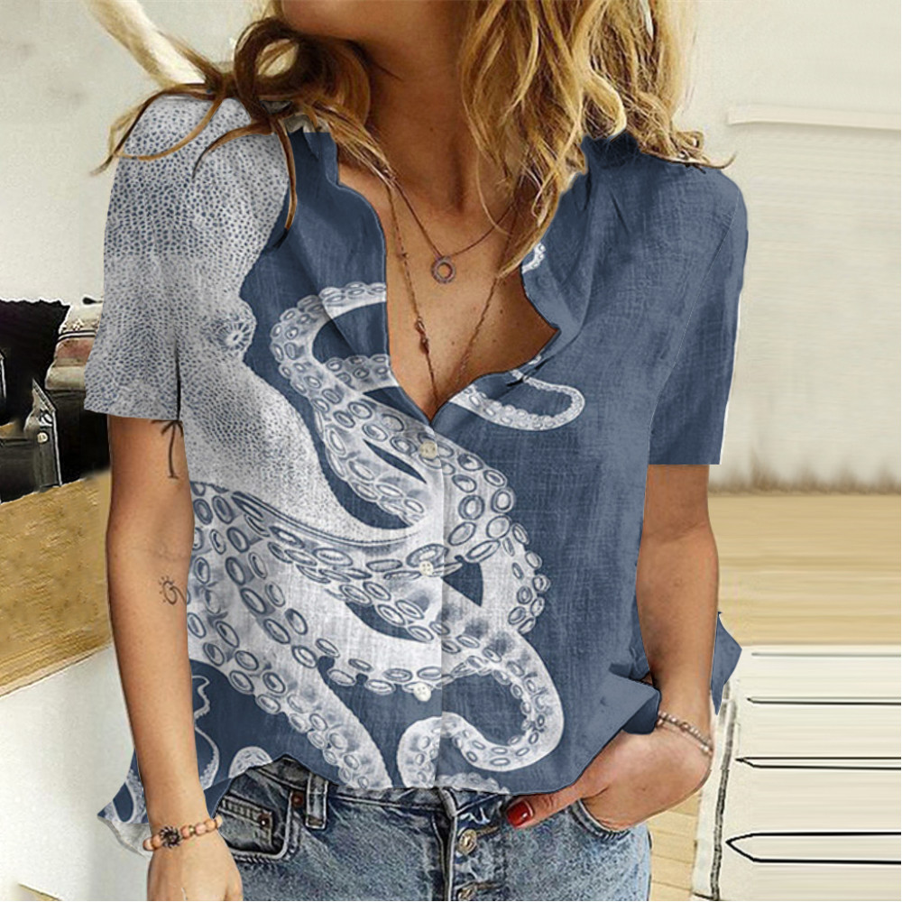 Japanese Art Octopus Print Short Sleeve Shirt
