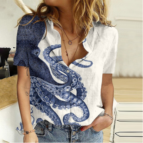 Japanese Art Octopus Print Short Sleeve Shirt