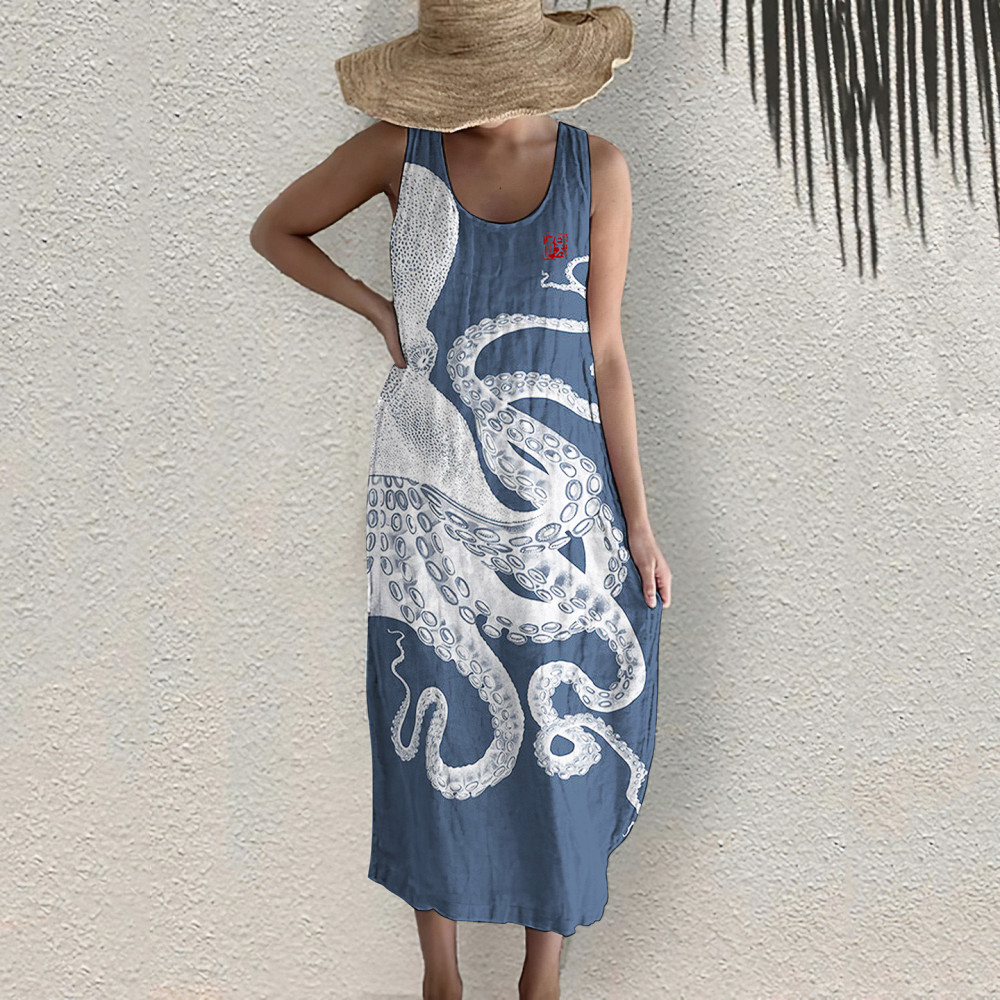Japanese Art Octopus Print Sleeveless Midi Dress