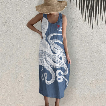 Japanese Art Octopus Print Sleeveless Midi Dress