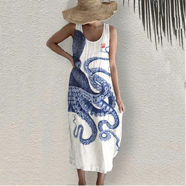 Japanese Art Octopus Print Sleeveless Midi Dress
