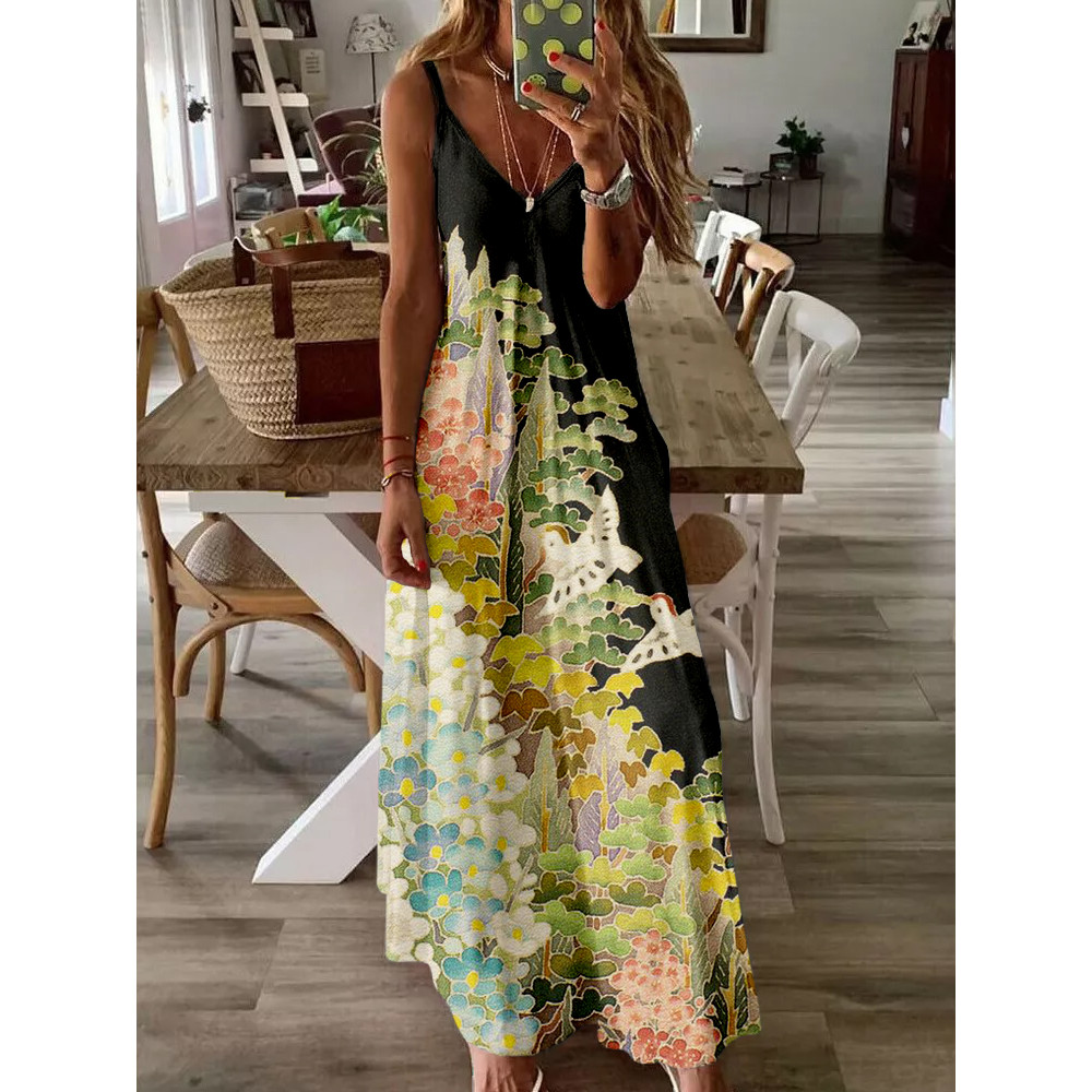 Japanese Art Painting Pattern Cami Maxi Dress