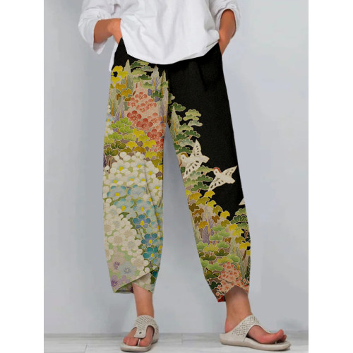 Japanese Art Painting Pattern Cropped Casual Pants