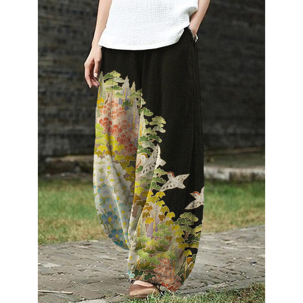 Japanese Art Painting Pattern Linen Blend Casual Pants