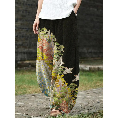 Japanese Art Painting Pattern Linen Blend Casual Pants