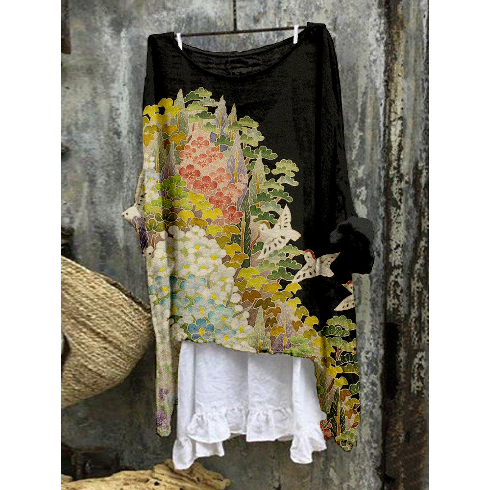 Japanese Art Painting Pattern Linen Blend Flowy Tunic