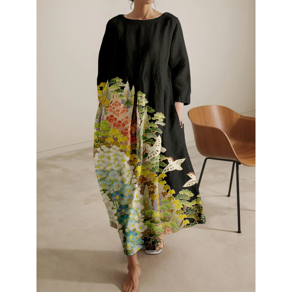 Japanese Art Painting Pattern Linen Blend Midi Dress