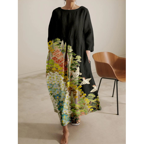 Japanese Art Painting Pattern Linen Blend Midi Dress
