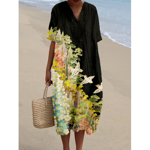 Japanese Art Painting Pattern Linen Blend Midi Dress
