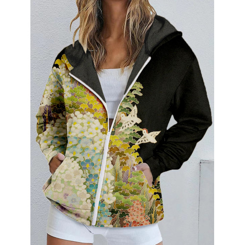 Japanese Art Painting Pattern Zip Up Casual Hoodie