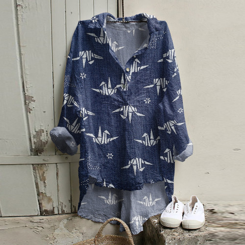 Japanese Art Paper Crane Print Long Sleeve Casual Shirt