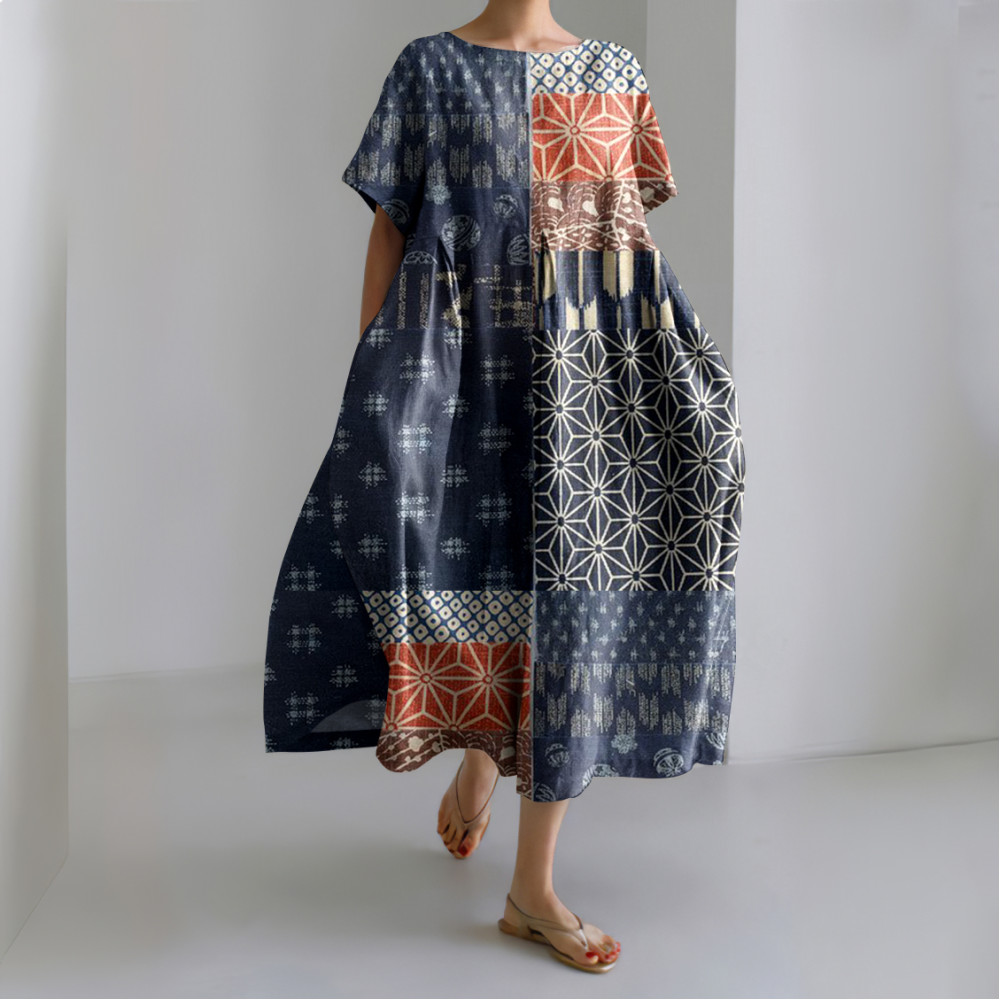 Japanese Art Patch Printed Crew Neck Casual Midi Dress