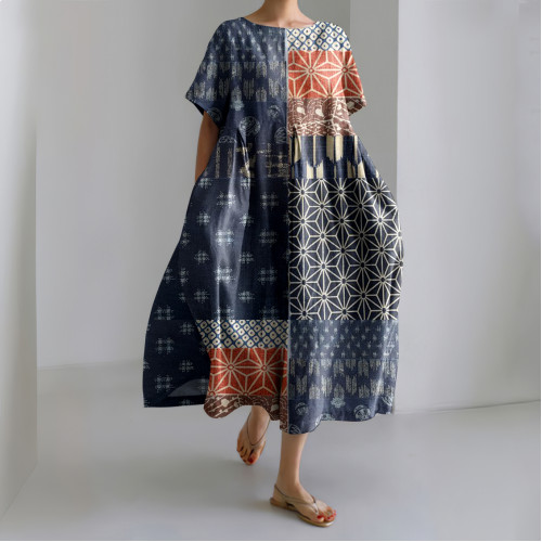 Japanese Art Patch Printed Crew Neck Casual Midi Dress