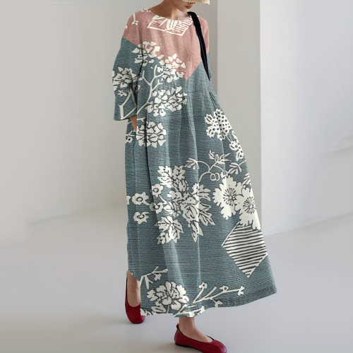 Japanese Art Patchwork Floral Print Loose Midi Dress