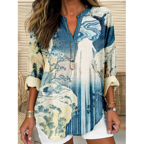 Japanese Art Pattern Linen Blend Cozy Tunic