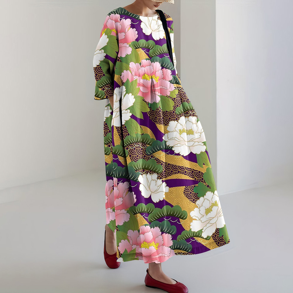 Japanese Art Peony Print Casual Midi Dress