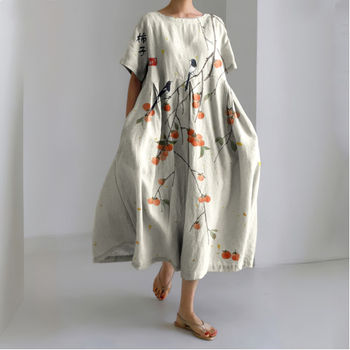Japanese Art Persimmon Linen Blend Short Sleeve Maxi Dress