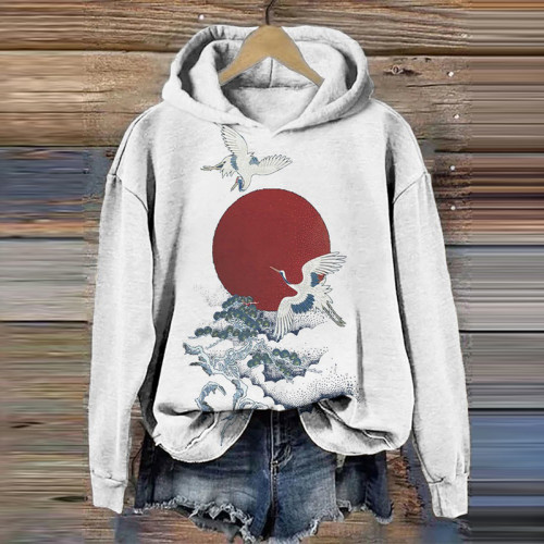 Japanese Art Pine And Crane Print Hoodie