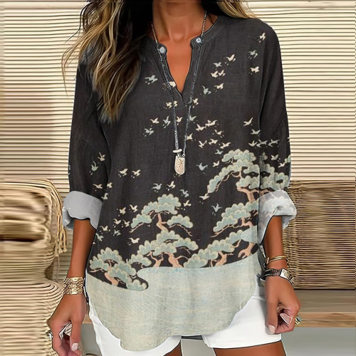 Japanese Art Pine Print V-Neck Long Sleeve Blouse