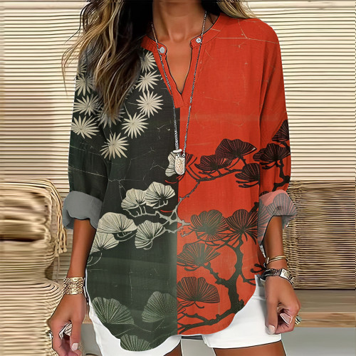 Japanese Art Pine Print V-Neck Loose Blouse