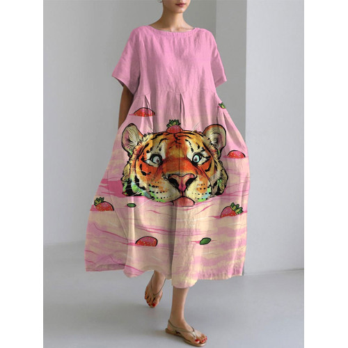 Japanese Art Pink Strawberry Tiger Print Dress